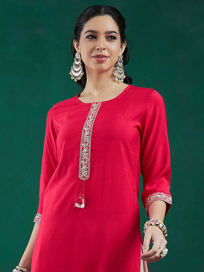 Dhiyona IE Women Floral Cold-Shoulder Sleeves Chanderi Silk Kurta