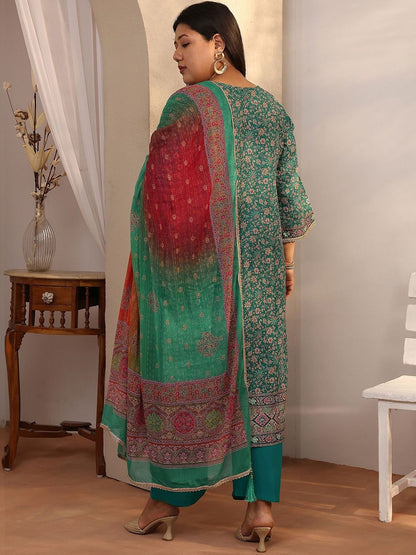 Dhiyona Women's Plus Size Ethnic Motifs Printed Kurta with Trousers & Dupatta