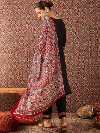Women Ethnic Motifs Black Printed Pure Cotton Kurta with Trousers & Dupatta