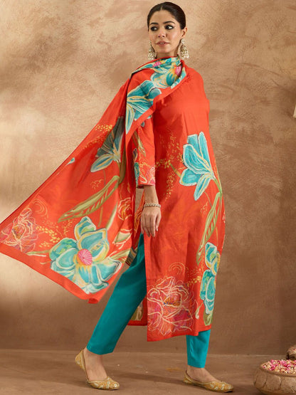 Dhiyona IE Women Floral Printed Regular Pure Cotton Kurta with Trousers & Dupatta