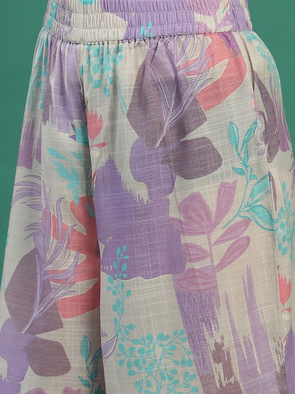 Dhiyona SN Women's Beige Floral Printed Mirror Work V-Neck Straight Kurta With Trousers