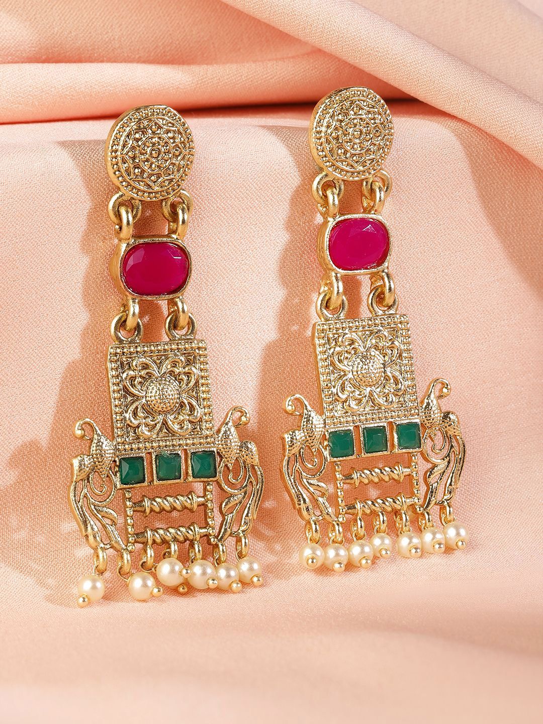 Dhiyona RJ Women's 22K Gold Plated Ruby & Emerald Studded & Pearl Beads Peacock Motif Dangle Earrings