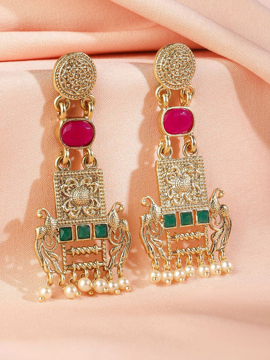 Dhiyona RJ Women's 22K Gold Plated Ruby & Emerald Studded & Pearl Beads Peacock Motif Dangle Earrings