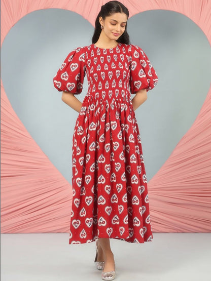 Dhiyona AY Women's Printed Cotton Fit & Flared Maxi Ethnic Dresses