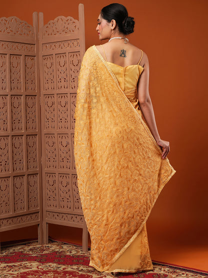 Women's Organza Yellow Embroidered Designer Saree With Blouse Piece