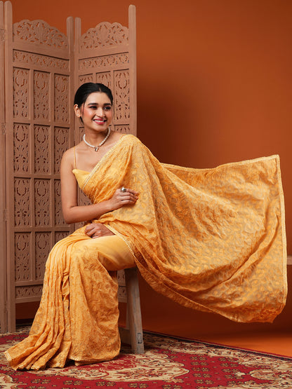 Women's Organza Yellow Embroidered Designer Saree With Blouse Piece
