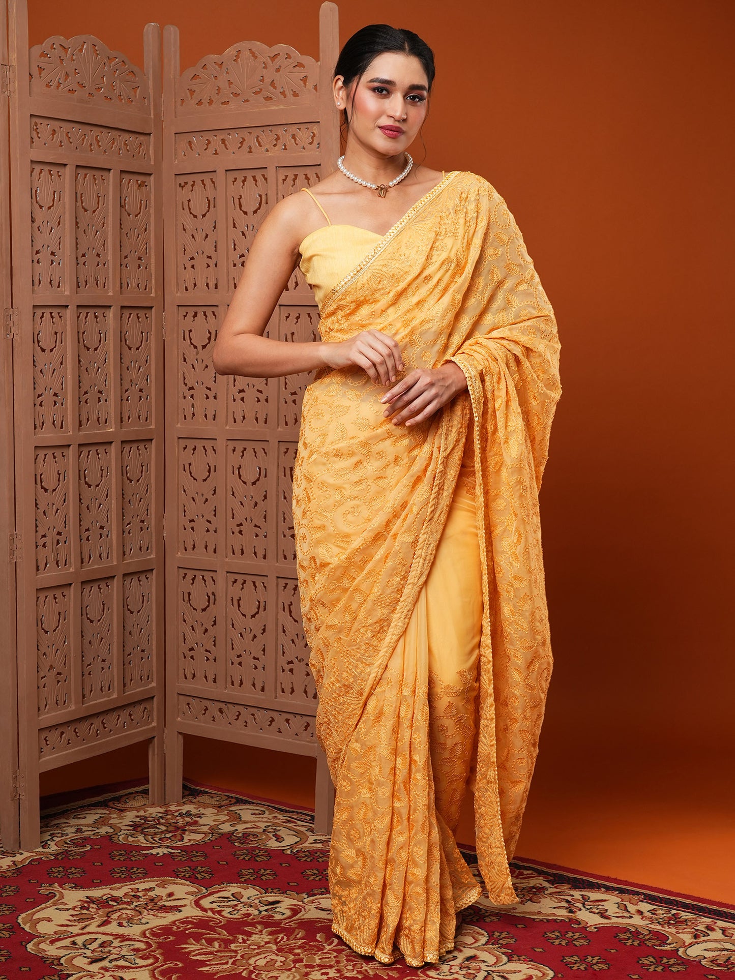 Women's Organza Yellow Embroidered Designer Saree With Blouse Piece