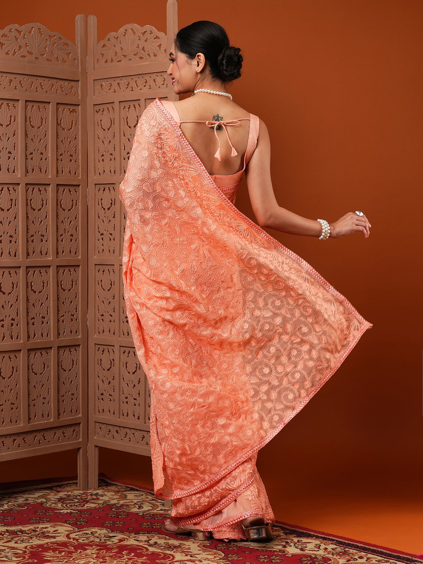 Women's Organza Peach Embroidered Designer Saree With Blouse Piece