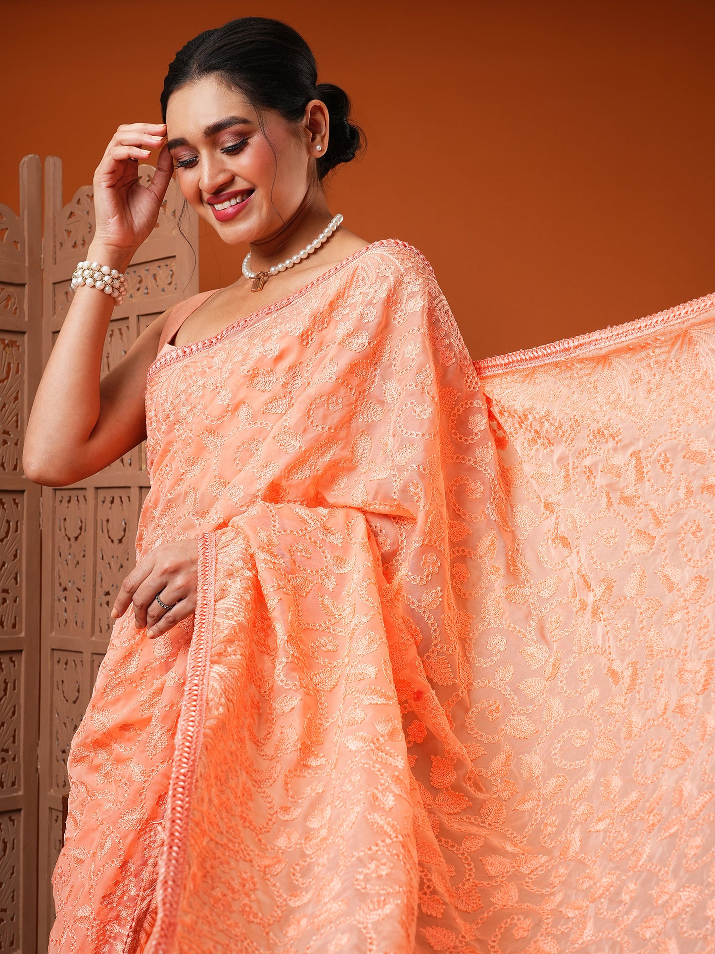 Women's Organza Peach Embroidered Designer Saree With Blouse Piece