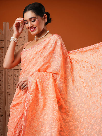 Women's Organza Peach Embroidered Designer Saree With Blouse Piece