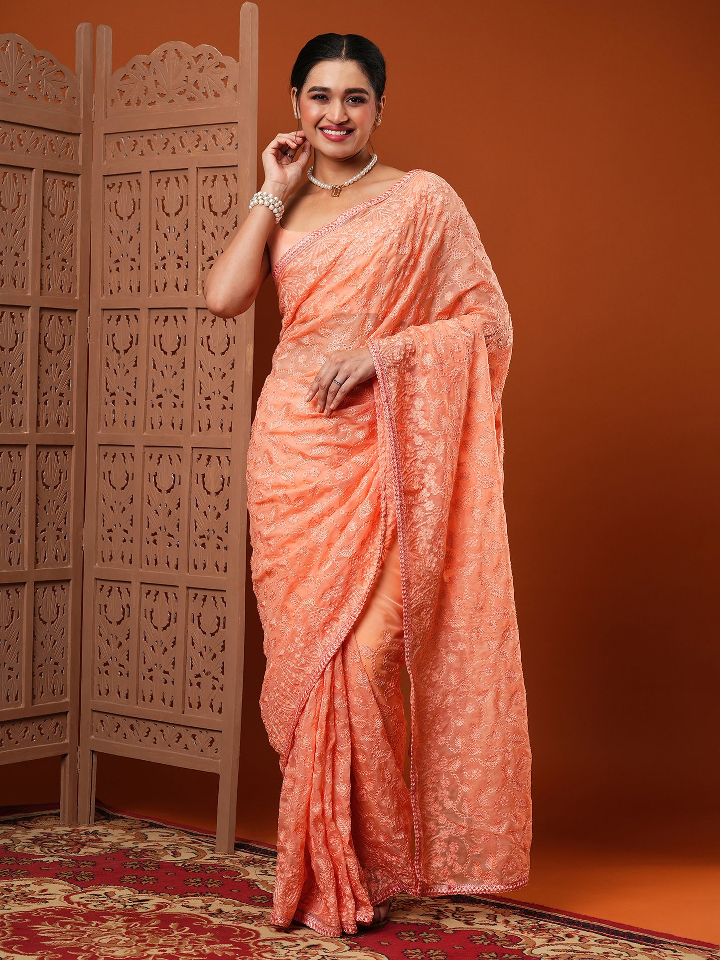 Women's Organza Peach Embroidered Designer Saree With Blouse Piece