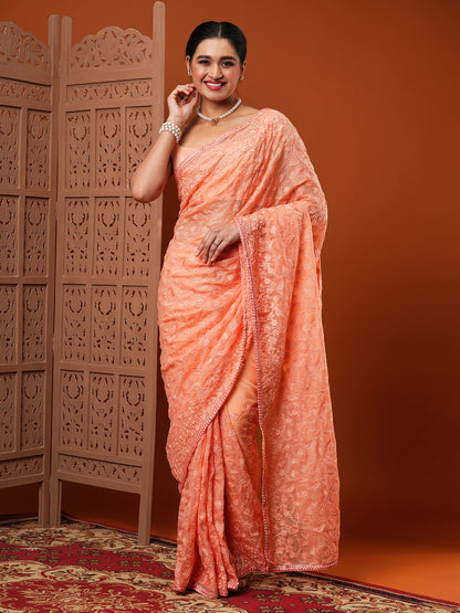 Women's Organza Peach Embroidered Designer Saree With Blouse Piece