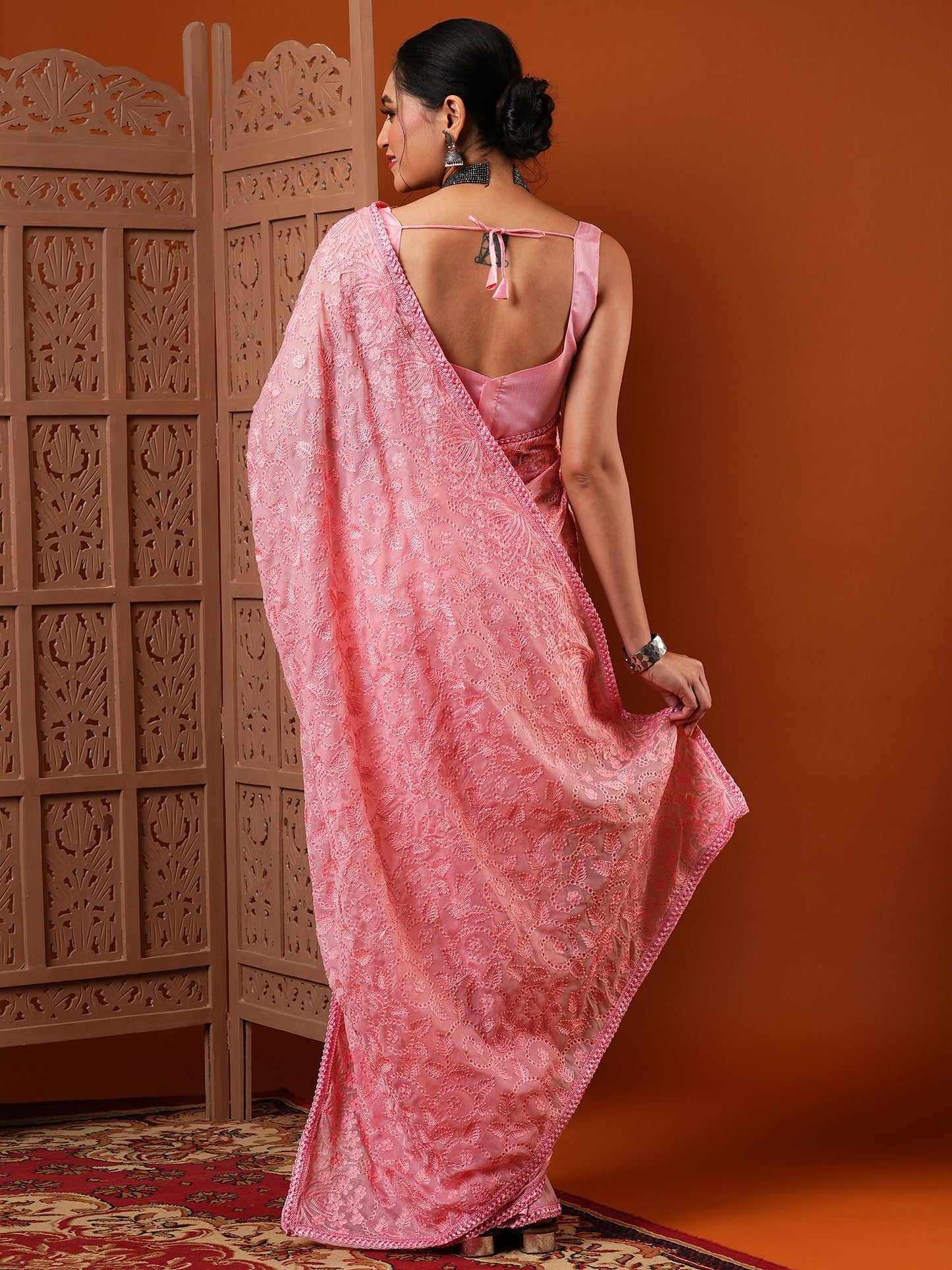Women's Organza Pink Embroidered Designer Saree With Blouse Piece