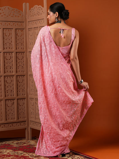 Women's Organza Pink Embroidered Designer Saree With Blouse Piece