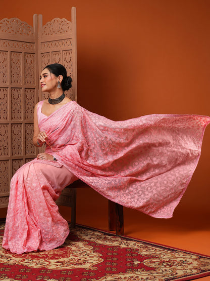 Women's Organza Pink Embroidered Designer Saree With Blouse Piece