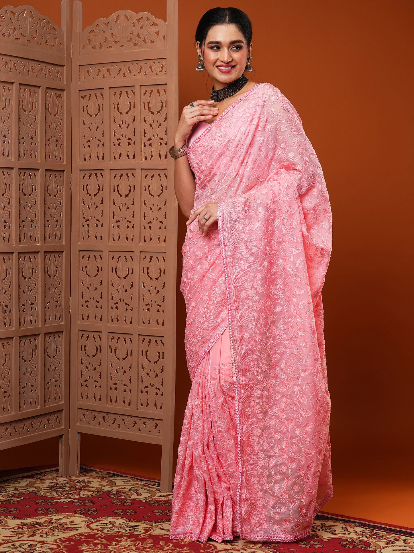 Women's Organza Pink Embroidered Designer Saree With Blouse Piece