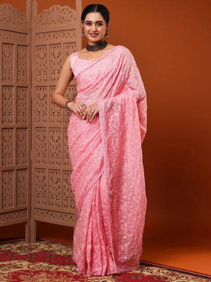 Women's Organza Pink Embroidered Designer Saree With Blouse Piece