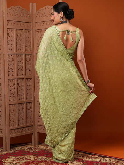 Women's Organza Green Embroidered Designer Saree With Blouse Piece