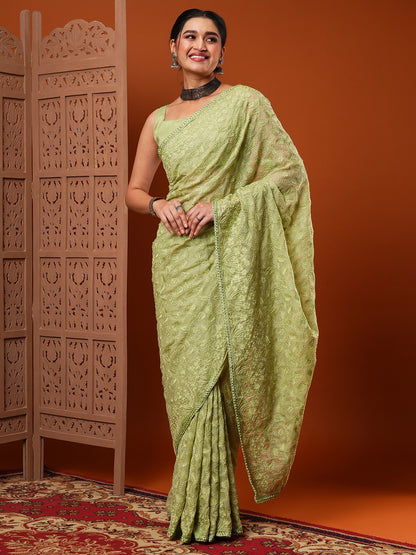 Women's Organza Green Embroidered Designer Saree With Blouse Piece