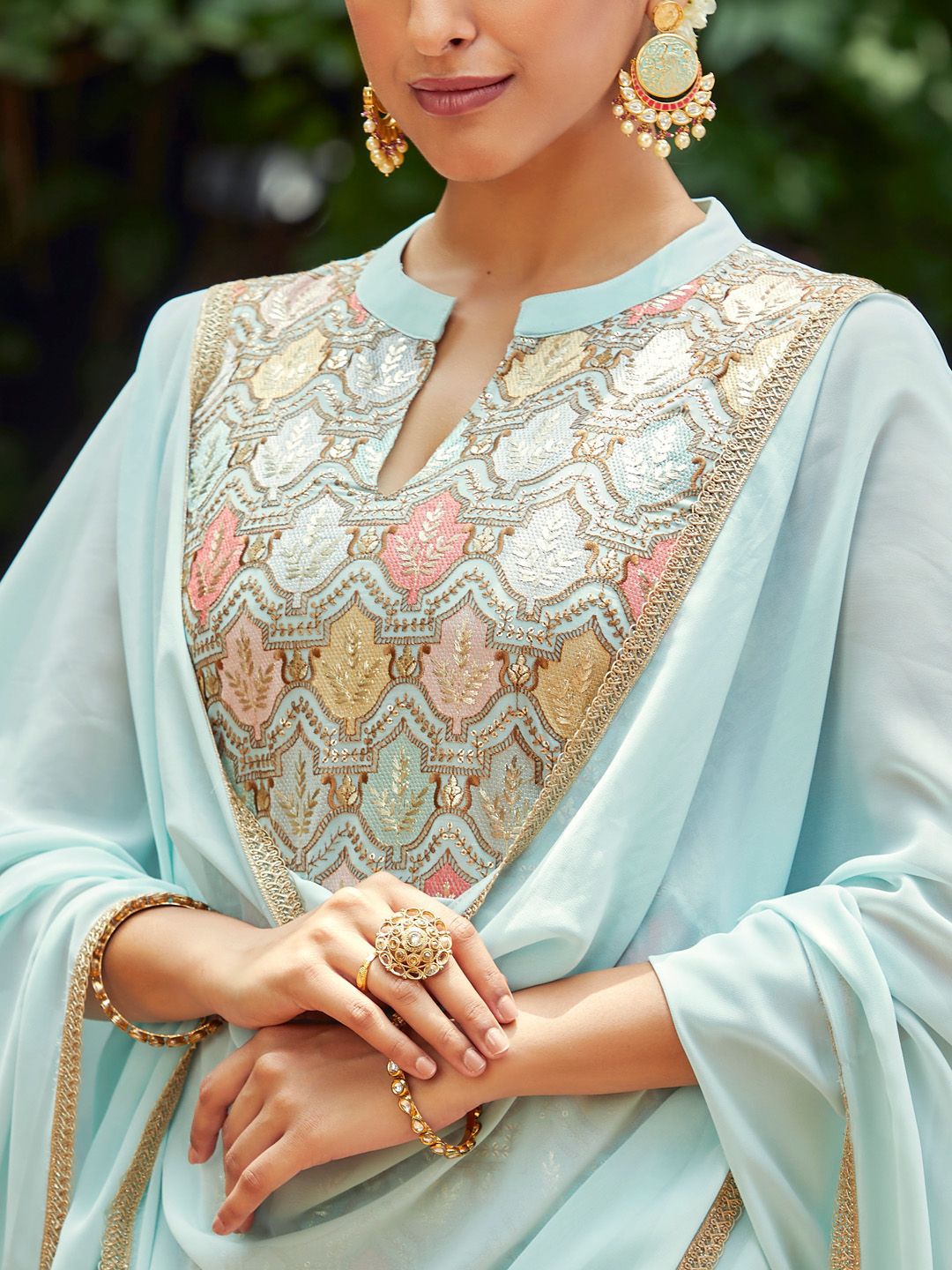 Dhiyona WP Floral Embroidered Sequinned Straight Kurta With Sharara & Dupatta