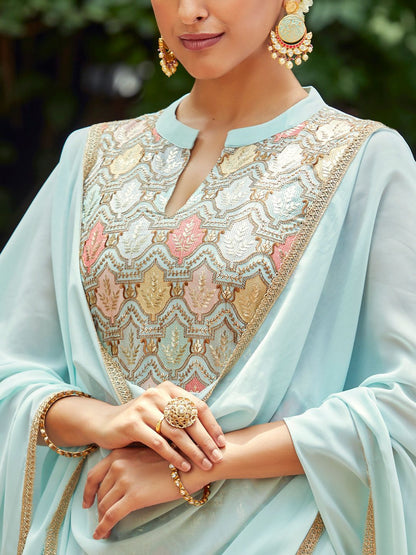 Dhiyona WP Floral Embroidered Sequinned Straight Kurta With Sharara & Dupatta