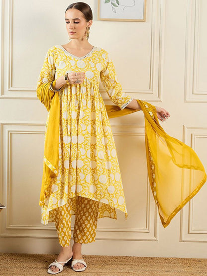 Dhiyona IE Floral Printed A-Line Mirror Work Pure Cotton Kurta with Trousers & Dupatta