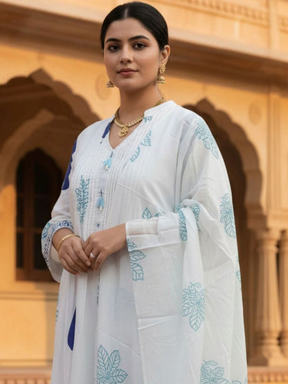Women Printed Regular Thread Work Pure Cotton Kurta with Trousers & Dupatta