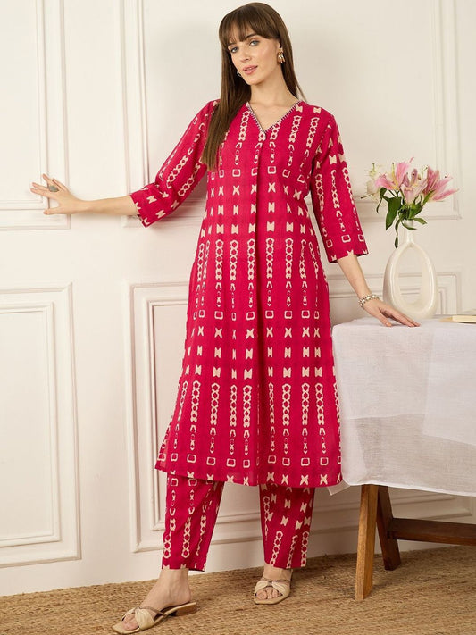 Dhiyona IE Printed Mandarin Collar Pure Cotton Top With Trousers