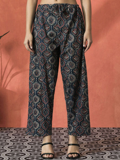 Dhiyona SN Women's Floral Printed Pure Cotton V-Neck Angrakha Kurta With Trousers And Dupatta