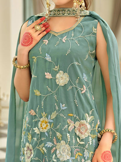 Women Floral Embroidered Regular Thread Work Kurta with Palazzos & Dupatta