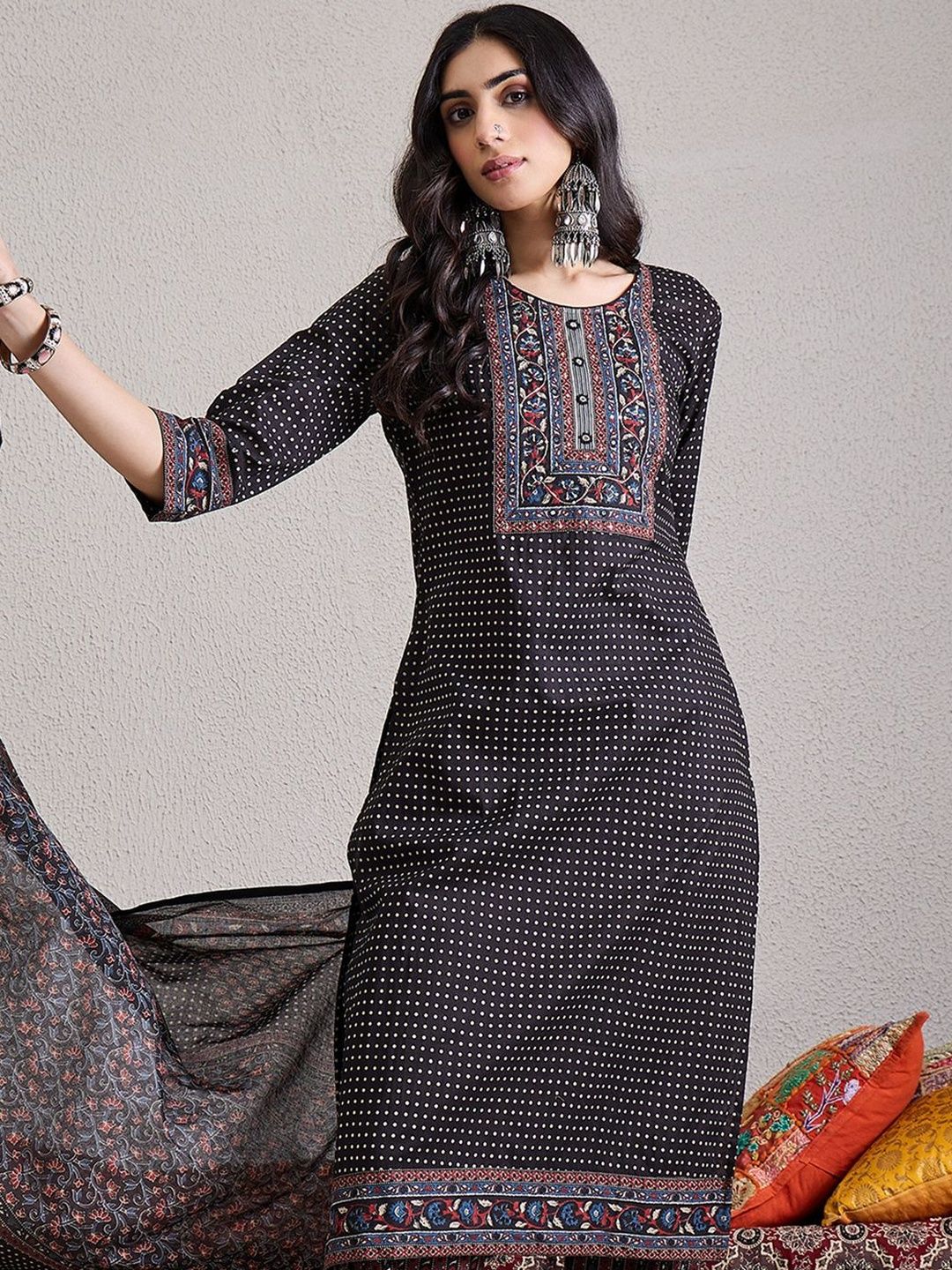 Ethnic Motifs Yoke Design Pure Cotton Straight Kurta & Trousers With Dupatta