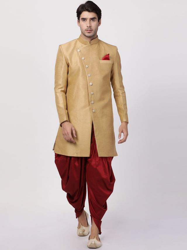Men's Beige Silk Blend Straight Sherwani Set