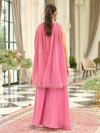 Floral Embroidered Thread Work Kurta With Palazzos & Dupatta