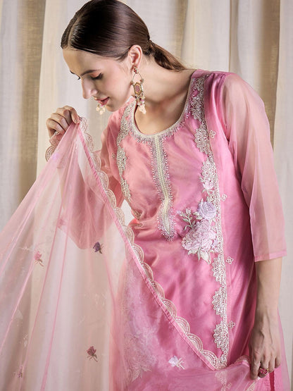 Floral Embroidered Thread Work Organza Kurta With Trousers & Dupatta