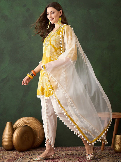 Dhiyona SN Women's Blue Floral Printed Mirror Work Pure Cotton Kurta With Dhoti Pant & Dupatta