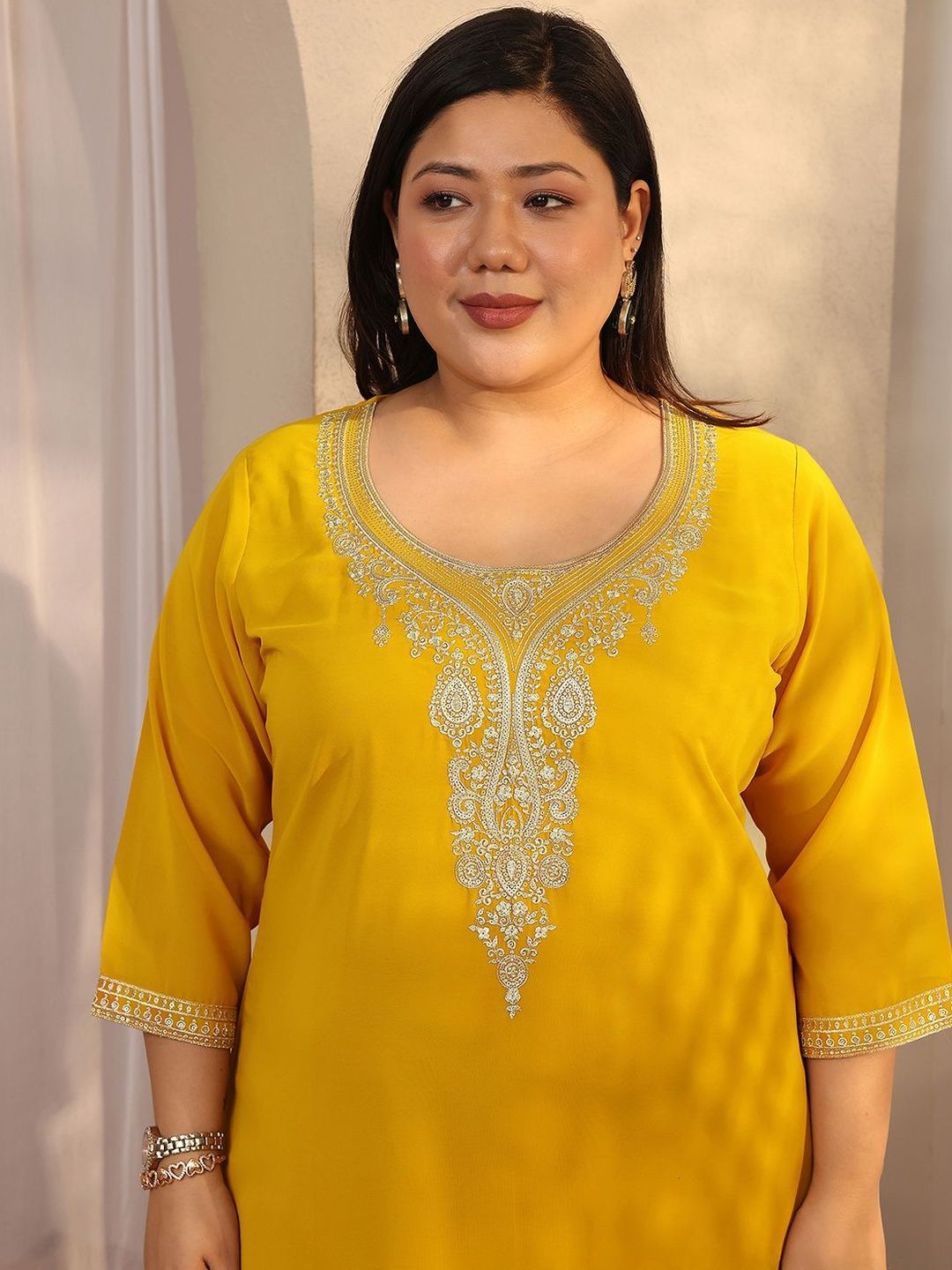 Dhiyona Women's Plus Size Ethnic Motifs Embroidered Kurta with Salwar & Dupatta