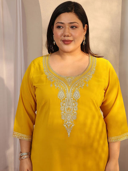 Dhiyona Women's Plus Size Ethnic Motifs Embroidered Kurta with Salwar & Dupatta