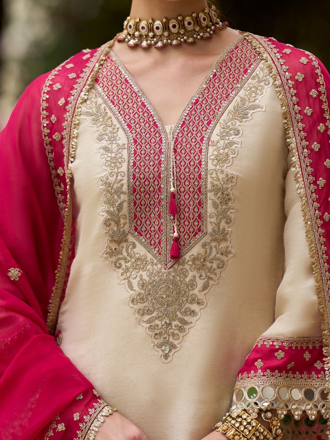 Ethnic Motifs Embroidered V-Neck Mirror Work Kurta With Trousers & Dupatta