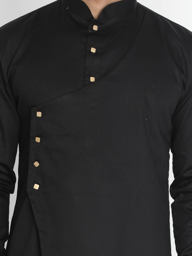Men's Black Cotton Cotton Satin Asymmetric Kurta Pyjama Set