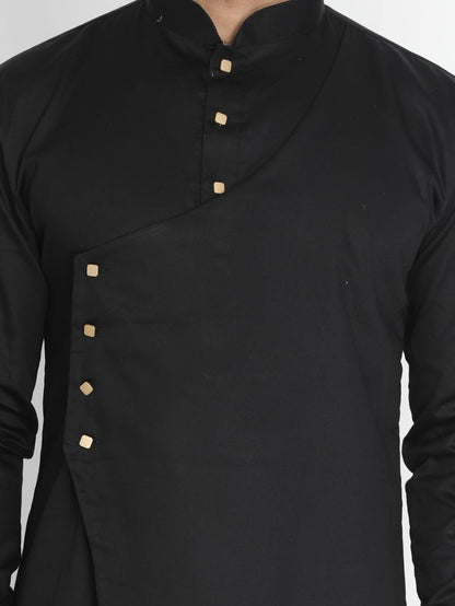 Men's Black Cotton Cotton Satin Asymmetric Kurta Pyjama Set
