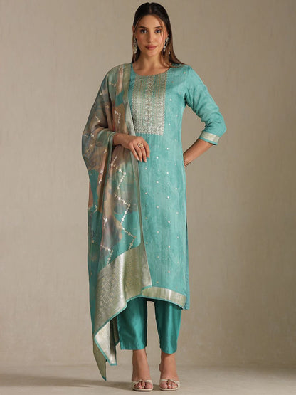 Dhiyona SO Women's Women Woven Design Regular Mirror Work Kurta with Trousers & With Dupatta