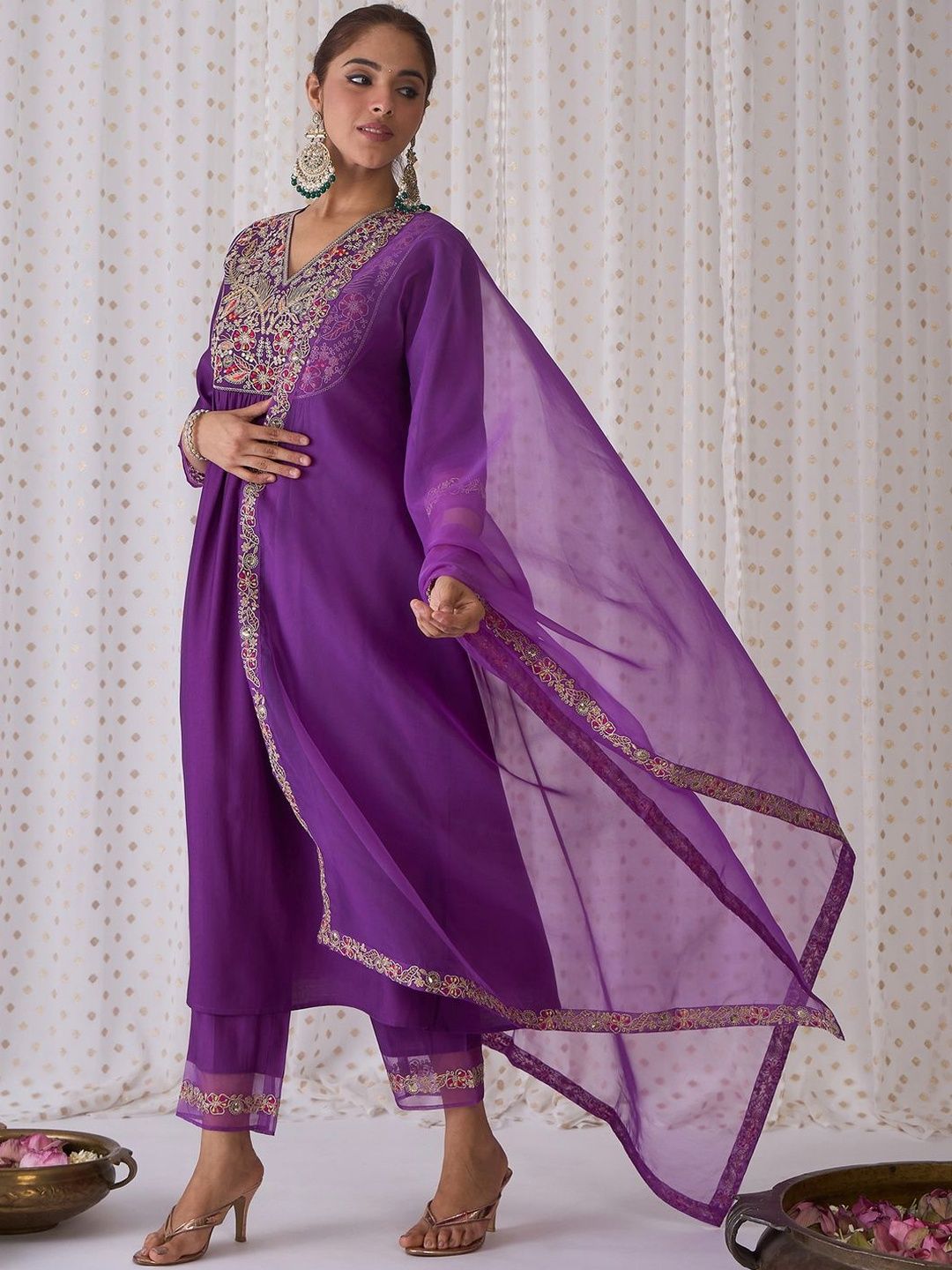 Women Ethnic Motifs Embroidered Anarkali Kurta with Trousers & Dupatta