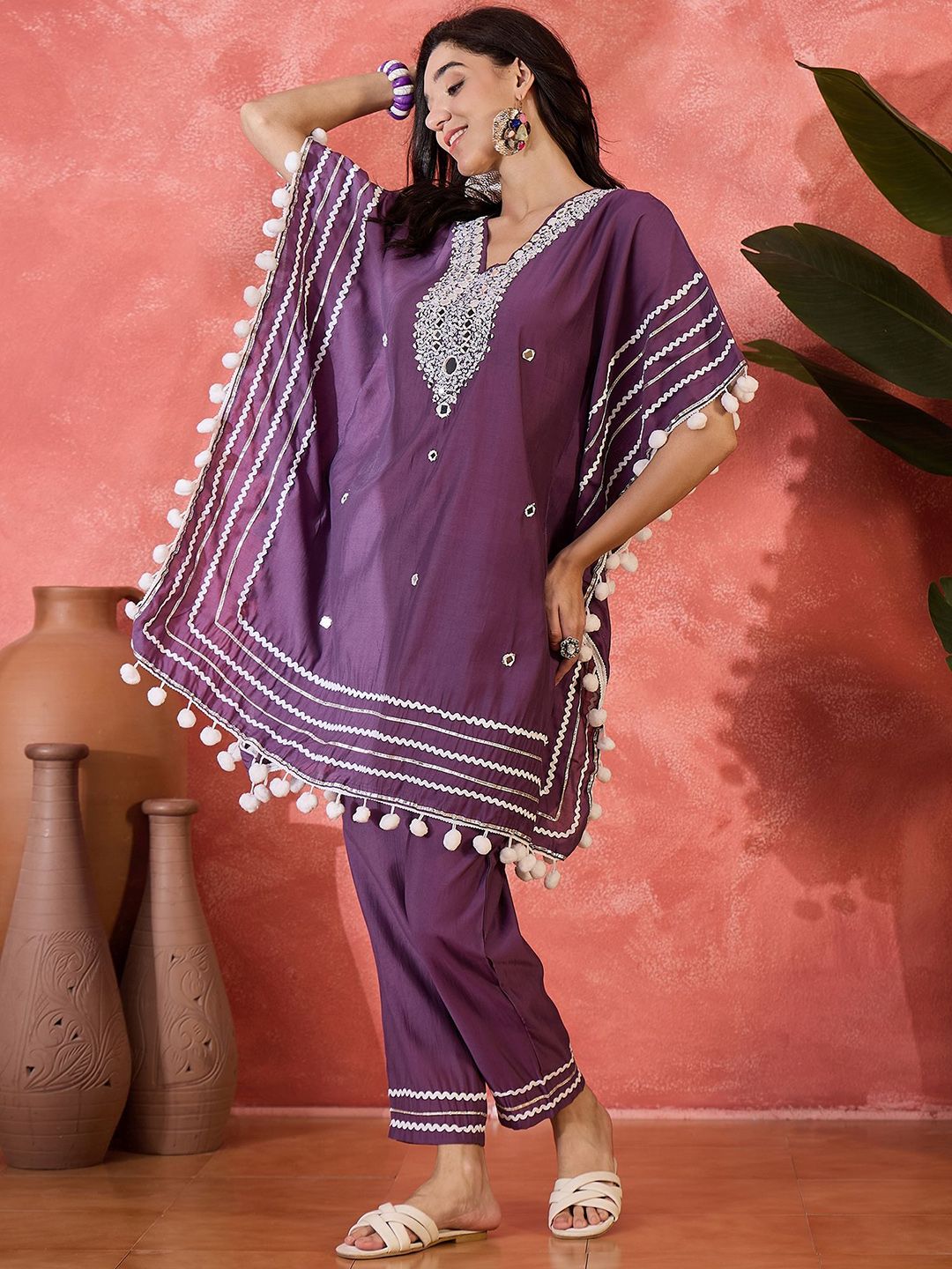 Dhiyona SN Women's Floral Embroidered Square Neck Mirror Work Kaftan Kurta With Trousers