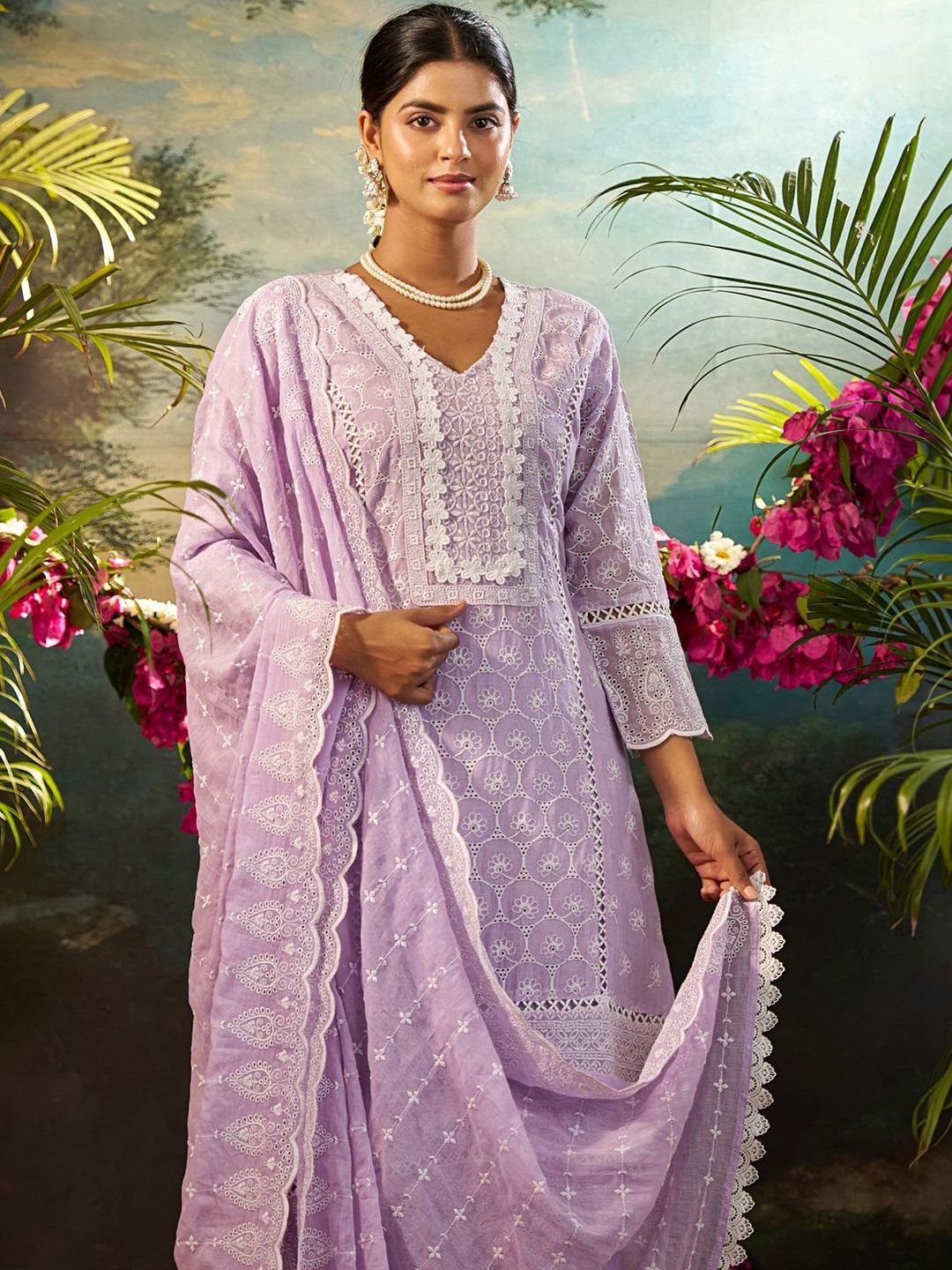 Women Ethnic Motifs Embroidered Regular Chikankari Pure Cotton Kurta with Trousers & With Dupatta