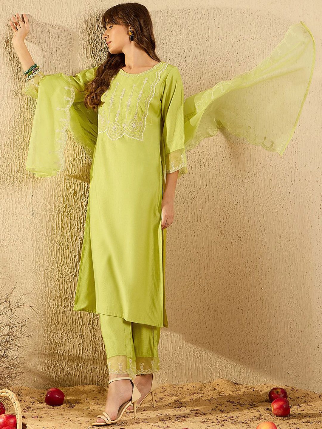 Dhiyona IE Women Ethnic Motifs Embroidered Regular Aari Work Liva Kurta with Trousers & With Dupatta