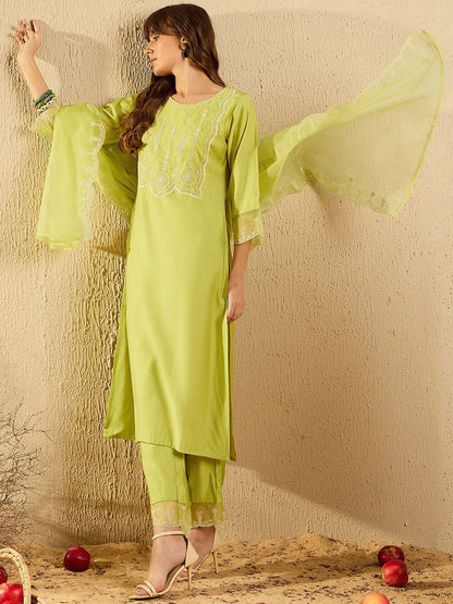 Dhiyona IE Women Ethnic Motifs Embroidered Regular Aari Work Liva Kurta with Trousers & With Dupatta