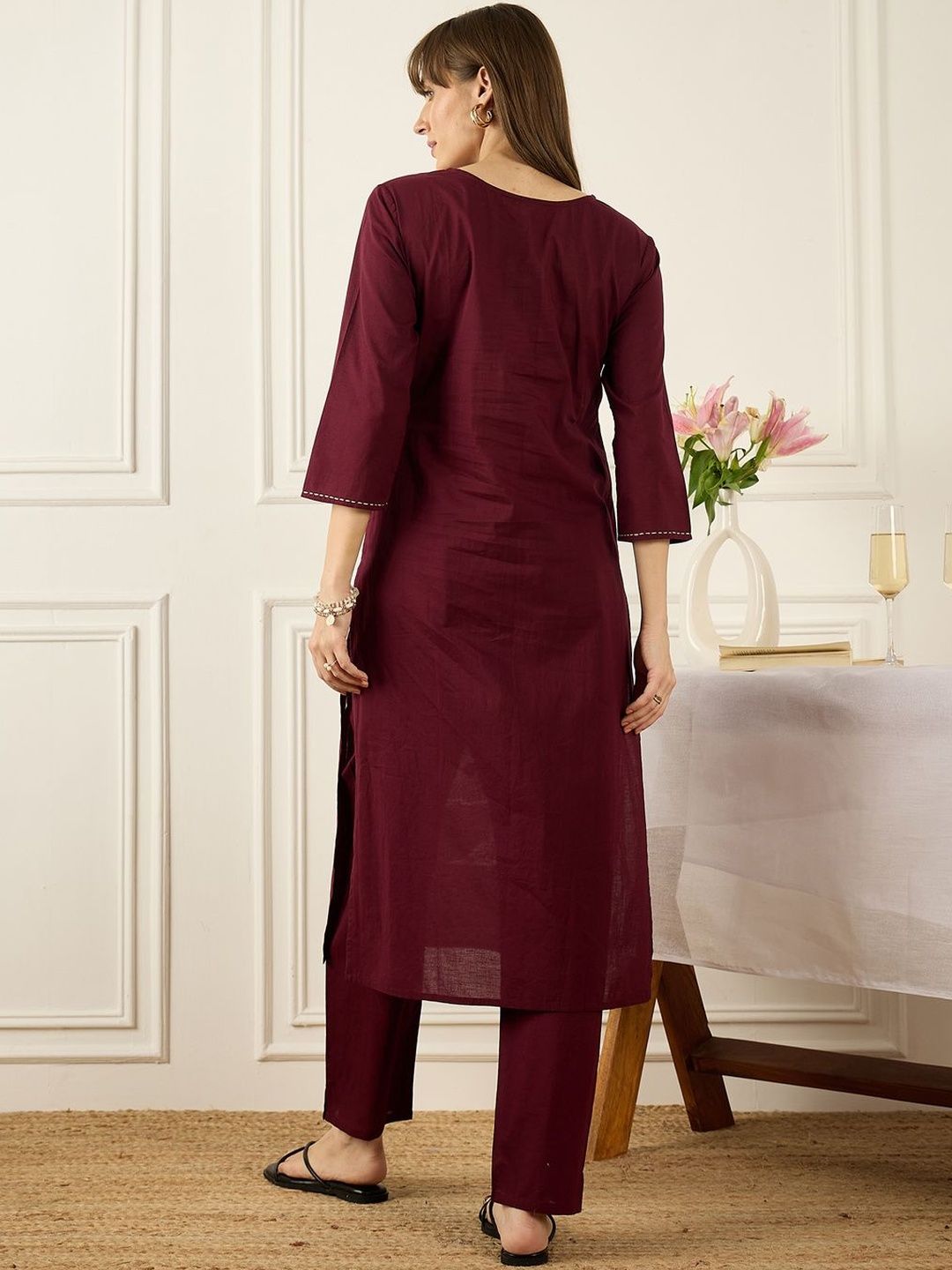 Dhiyona IE Printed Round Neck Three-Quarter Sleeves Pure Cotton Top With Trousers