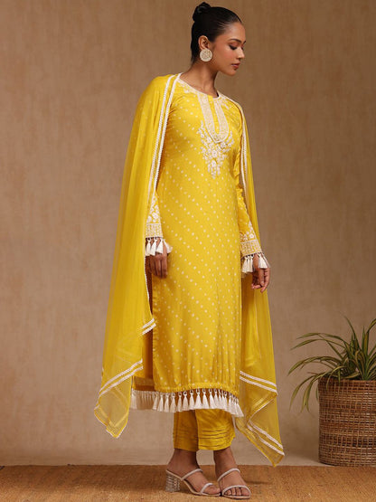 Dhiyona SO Women's Bandhani Printed Thread Work Straight Kurta with Trouser & Dupatta