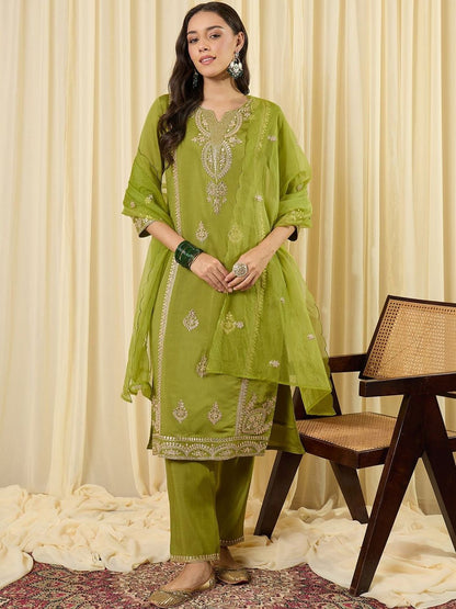 Women Ethnic Motifs Embroidered Regular Sequinned Kurta with Trousers & With Dupatta