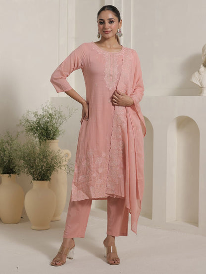 Women Ethnic Motifs Embroidered Cotton Kurta with Trousers & Dupatta